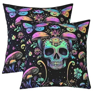 Kissenbezüge 2er Set 40x40 cm Gotische Schädel Boho Design Schwarz Grün Lila Polyester