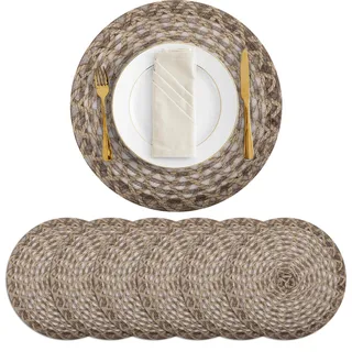 fanquare 38cm Runde Woven Platzsets,6 Stück Braun Reversibel Tischsets Natür Jute und Polyester Geflochten,Abriebfeste Platzdeckchen für Dekor Küche Esstisch