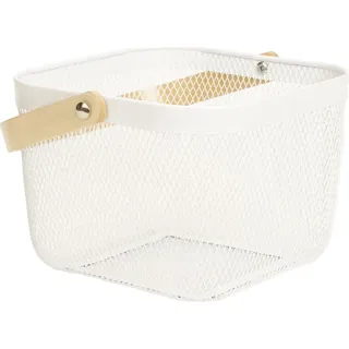 Aufbewahrungskorb mit Henkel für Kleidung Deko oder Accessoires weiß aus Stahl und Holz 24x24x17,5 cm