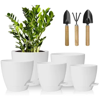 Idealife 5 Packs Kunststoff Blumentopf Mit Bewässerungssystem, 17.8/16.5/15.2/13.9/12.7cm Selbstbewässerung Übertopf Mit Untersetzer Rund Pflanzkübel Für Innen Und Balkon Garten Pflanzen(Weiß)