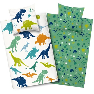 Aminata kids Dino Bettwäsche 135x200 Jungen Baumwolle Dinosaurier-Dino-Motiv Kinder-Bettwäsche-Wende-Set T-Rex | mit Reißverschluss grün Jungen-Geschenk