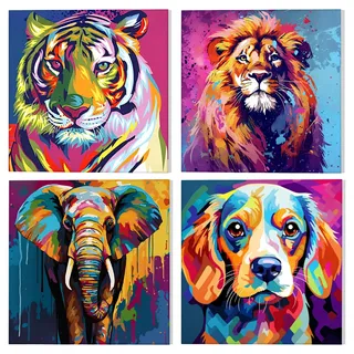 NAIMOER 4 Stück Bunte Tiere Malen Nach Zahlen mit Rahmen Erwachsene, Tiger Löwe Malen Nach Zahlen für Kinder Alter 8-12 mit Pinseln Acrylpigment, Elefant Hund Paint by Numbers 20x20cm
