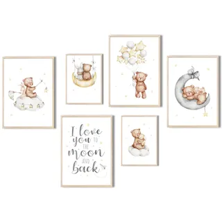 MeinBaby123® Poster Kinderzimmer | 6er Set DIN A4 Poster Set | Wandbilder mit Spruch | Regenbogen | Deko Kinderzimmer Mädchen und Jungen | Babyzimmer Deko (Sterne & Bär V1)