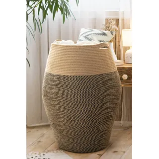 TIMEYARD Wäschekorb Groß, Wäschesammler, Aufbewahrungskorb, Korb Geflochten zur Aufbewahrung von Kleidung in der Waschküche, 65cm hoch, Schwarz und Jute