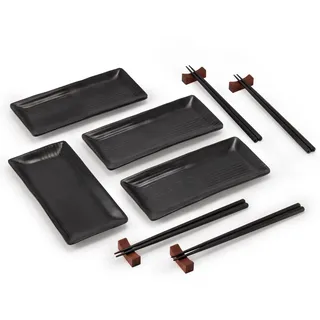 Virklyee Japanisches Sushi Geschirr Set 12 PCS Schwarz Sushi Teller Set Stil mit 4 Tellern, 4 Paar Essstäbchen, 4 Essstäbchenhalter Geeignet für Restaurants,Familien und Hotels