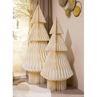 GILDE Dekoobjekt Honeycomb Tannenbaum aus Papier - glitzernd - geometrisches Muster - Creme - Höhe 121cm x Ø 56cm - Weihnachtsdekoration