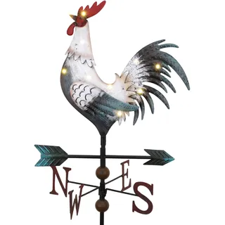 TERESA'S COLLECTIONS Wetterhahn Windfahne,Metall-Hahn Wind Vane 86cm,Weiß Hahn-Wetterfahne,Gartendeko für Draußen,Windrichtungsanzeige Solar Dekoration für Garten,Geschenk für Mama/Papa/Freund