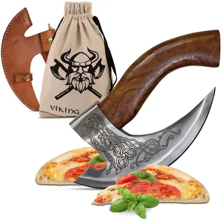 VIKING CRAFT - Pizza Axt Wikinger inkl. Lederschutz - Pizzamesser für echte Wikinger - Pizzaschneider Axt perfekt geeignet als Wikinger Deko - Wikinger Axt, Pizza Wiegemesser, Wikinger Messer, Beil