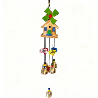 Handgemachtes Windspiel Holz mit Haus & Windmühle – Bunte Gartendeko zum Aufhängen, Windspiele für Draußen Hängend Terrasse Balkon Garten, Beruhigende Klangspiele Outdoor Deko(grün