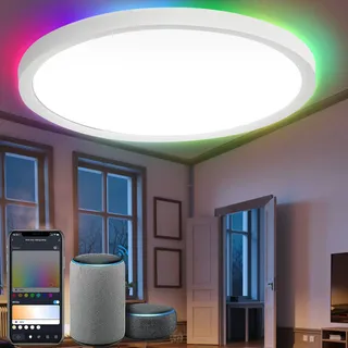 Jayseuw 24W Deckenleuchte LED Musik bluetooth Lautsprecher APP Deckenlampe RGB Farbwechselnde Deckenlampe  Mit Fernbedienung - Weiß