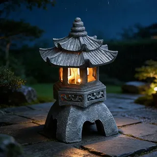 Japanische Steinlaterne Gartendeko, H 24 cm Pagode Solar Laterne Statue, Japanische Gartenlaterne aus Harz mit Solar LED Beleuchtung für Innen & Außen, Garten Deko für Terrasse, Patio, Balkon