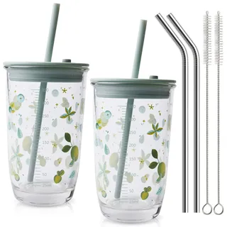 WANDGU Glas Trinkbecher mit Deckel und Strohhalm: 2er Set Kaffeebecher Luftdicht Wasserdicht, Smoothiebecher Inkl. 2x Strohhalm + Bürste, Spülmaschinenfest, für Cappuccino, Latte, Tee (Grün)