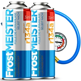 FrostMEISTER 3in1 – Auto-Klimaanlage Nachfüllset für R134a (1995–2016) – 2X 400 ml Dose & Schlauch mit Manometer – Ersatz für das Kältemittel, Öl & Dichtmittel – Schnelle & einfache Anwendung