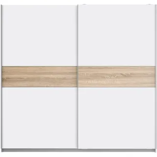 FORTE WINNER PLUS Schrank 220, Kleiderschrank Schwebetürenschrank Skandinavisch Schlafzimmer 2-türig Einlegeböden Kleiderstange, Weiß / Holzdekor: Sonoma Eiche, 220 cm breit x 210 cm hoch x 61 cm tief