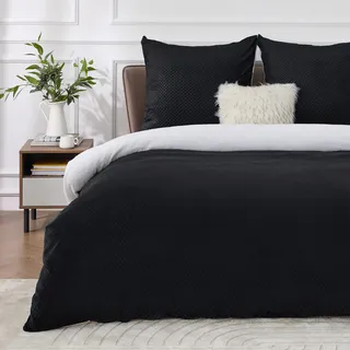 BEDSURE Flauschige Bettwäsche 155x220 Schwarz - Winter Bettbezug Fleece mit 80x80 cm Kissenbezug, Warme Bettwäsche-Sets mit Reißverschluss, Kuschel Waffelpique Winterbettwäsche für Doppelbett
