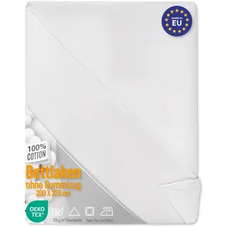 Bettlaken ohne Gummizug Baumwolle 220x240 cm - Bed Sheets Betttuch ohne Gummi und Laken Bedsheets Baumwollstoff weiß und Kochfest mit Oeko-Tex-Zertifikat 200 x 240