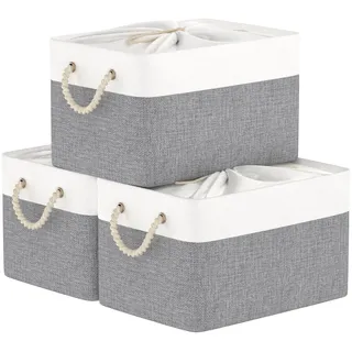 Yawinhe 3 Stück Faltbare Aufbewahrungsboxen, Korb, Truhe, Stoffwürfel, Kleiderorganisator, mit Kordelzug und 2 Griffen, 33 x 23 x 20 cm, Weiß/Grau, SNK003WGS
