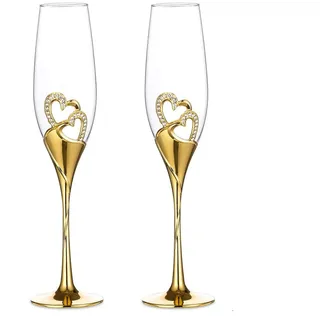 1 Set (2-teilig) Kreative hochwertige Weingläser Gläser mit Fuß farbige Emaille Kristiall Diamant-besetzt herzförmig Liebespaar Hochzeit 2er Set Gläser romatische Sektgläser Geschenk Haus Deko, Gold