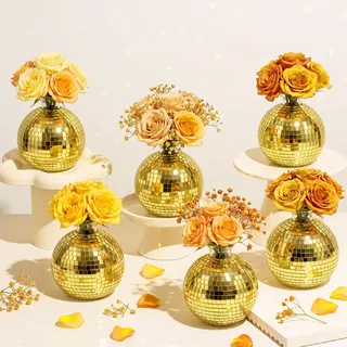 LDXDRU 6er Discokugel Vase Deko Goldfarben Spiegelglas-Dekoration für Tisch | Disco Ball Vase Deko Kugel Pflanzgefäß, Discokugel Blumentopf für Zentrumsschmuck, für Party, Hochzeit, Zuhause, Schlafzimmer
