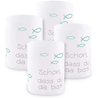 Windlicht Fisch Deko, 8 Stück Mini Tischlichter Kerzen Deko als Tischdeko für Junge und Mädchen Kommunion Konfirmation Taufe Teelichter I Schön DASS du da bist I ca. 8,0 x 10,0 cm (Türkis)