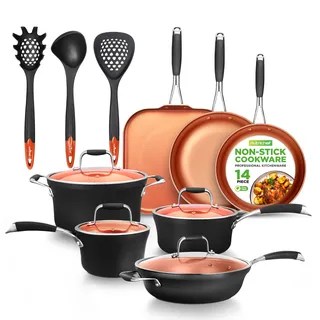 NutriChef NCCWALN14 14-Piece Copper Non-Stick Cookware Set Kupfer-Antihaftbeschichtung innen, harteloxierte Optik, hitzebeständiger Lack außen, Silikongriff NCSQPA