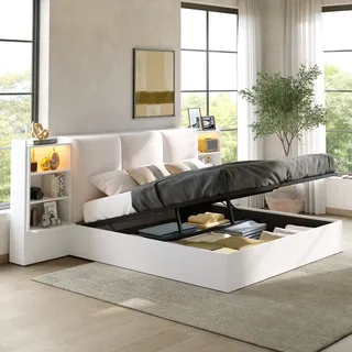STILVORA Plattformbett 180x200cm mit gepolstertem Kopfteil, Stauraumbett mit hydraulischem Stauraum und 6 Staufächern, Bettgestell mit LED-Lichtleiste - Weiß