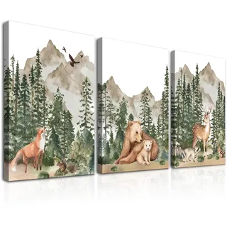 Dazzlewall 3 Stück Tiere Wandbilder, Hirsch Bär Fuchs Wand Kunstdrucke, Aquarell Waldtiere Leinwand Bilder für Zimmer Dekor Mit Rahmen 30x40 cm