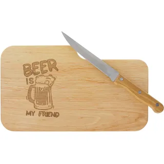 LASERHELD | Brotzeitbrett Holz mit Gravur “Beer is My Friend” & Messer | 26 x 15 cm | Frühstücksbrettchen Holz Schneidebrett Jausenbrett | Geschenk für Männer als Vatertagsgeschenk