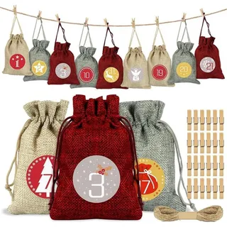 Adventskalender 24 Weihnachtskalender Stoffbeutel Säckchen Rot - Rot