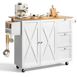 VEVOR Servierwagen Küchenwagen 1430 x 680 x 990 mm, 136 kg Belastbar Kücheninsel Küchenschrank, Rollwagen Küchentrolley mit Handtuchhalter & 2 Schubladen, Mikrowellenschrank Küchenrollwagen Massivholz