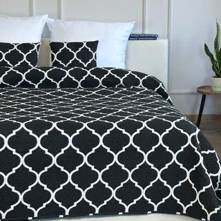 Euromat Tagesdecke Steppdecke Bettüberwurf Gesteppte Tagesdecke mit 2 Kissenbezüge 40x40 cm- (Schwarz Weiß - Marokkanischer Meridian- SY-1706, 220x240 cm)
