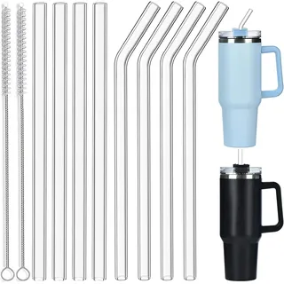 ALINK Glasstrohhalme 31cm Lange Durchmesser 1cm für Stanley Adventure Quencher Reisebecher 40oz, 8 Stück Ersatz Trinkhalme mit 2 Reinigungsbürsten, Transparent (4 gerade + 4 gebogen)