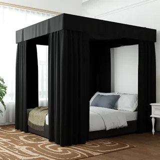 Hvqic Betthimmel-Vorhänge, 4 Eckpfosten, Bettvorhänge, lichtdichte Vorhänge, Betthimmel für Erwachsene und Mädchen, Schlafzimmerdekoration (Doppelbett, Schwarz)