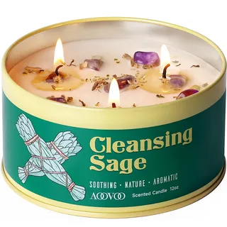 AOOVOO Salbei Duftkerze zur Reinigung – Große 3-Docht Kerze 12oz mit Kristallen & Salbeiblättern, Sojawachs Kerze Ungiftig für Meditation Spiritualität, Aromatherapie Kerze Geschenk für Frauen Männer
