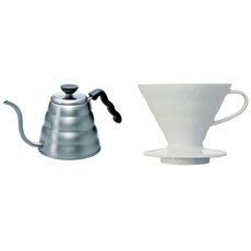 Hario Wasserkocher, Edelstahl, Silber, 1 & VDC-02W V60 Kaffeefilterhalter, Porzellan, Größe 2, 1-4 Tassen, weiß