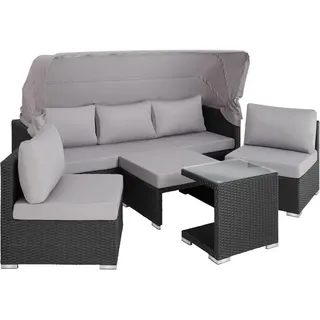 tectake Rattanlounge aus Aluminium San Marino, mit klappbarem Sonnenschutz, schwarz , Schwarz , Kunststoff , Organisch , 68x131x199 cm , Gartenmöbel, Loungemöbel, Gartensofas & Loungesofas