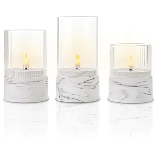 Fanna 3 flammenlose LED-Glaskerze mit Marmor-Optik in Weiß und Grau, Glaswindlichter mit Timer für Weihnachten, Heimdekoration und Innenräume - H 10/12,5/15 cm
