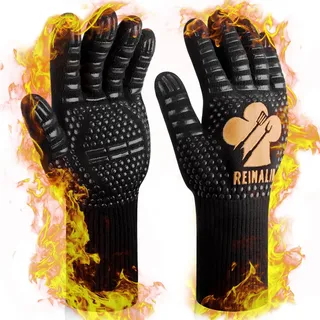 Reinalin Grillhandschuhe Hitzebeständig bis 800°C, Ofenhandschuhe Topfhandschuhe Feuerfeste Handschuhe BBQ Handschuhe Kochhandschuhe Backhandschuhe Backofenhandschuhe (S/M, Gold)