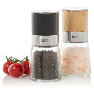AdHoc Geschenk Set Salzmühle & Pfeffermühle Akasia, hochwertiges 2-er Gewürzmühlen-Set aus Glas | Edelstahl | Holz