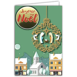 Afie 61-6048 Weihnachtskarte mit Umschlag und Collage EN RELIEF Krippe in einer Kugel, goldfarben, glänzend, funkelnd, Jesus Maria Joseph Engel, Stern, Schäferhund, Kirche, Stadt, Messe Wecker