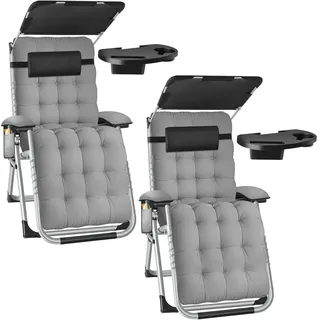 tectake Sonnenliege 2er Set Cloud II, mit Ablagetisch und Stautasche, hellgrau , Hellgrau , Kunststoff , 84x103x168 cm , Gartenmöbel, Gartenliegen