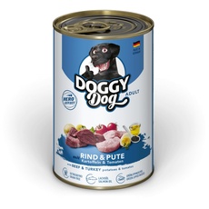 DOGGY Dog Paté Rind & Pute, 6 x 400 g, Nassfutter für Hunde, getreidefreies Hundefutter mit Lachsöl und Grünlippmuschel, Alleinfuttermittel mit Kartoffeln und Tomate, Made in Germany