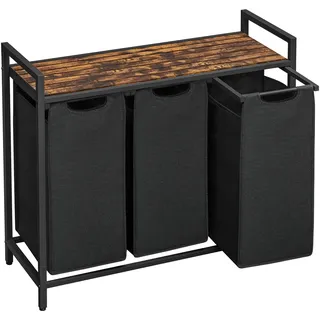 VASAGLE Wäschekorb 3 Fächer, Wäschesammler mit Ablage, Wäschebox, Wäschesack aus Oxford-Gewebe abnehmbar, Metallrahmen, 3 x 40 L, 92,5 x 33 x 72 cm, tintenschwarz-vintagebraun BLH301B01