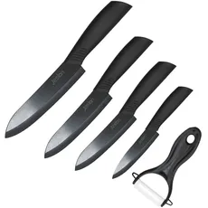 Jeslon Keramikmesser Set mit Klingenschutz, Küchenmesser Set mit 4-teilig Messer und 1 Sparschäler, Kochmesser Sets für Fleisch, Brot, Obst & Gemüse-Schwarz