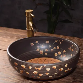 Waschbecken Waschbecken Vintage Badezimmer Keramik Waschbecken Aufsatzwaschbecken Rund 410x140mm Handgefertigtes Waschbecken