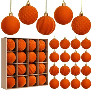 Miaikoe 16 Stück Samt Weihnachtskugeln hängende Ornamente Set, vorgebunden zerstörungsdicht Plastik Flocked Weihnachtskugeln Weihnachtsdekorationen Festival Feiertag Party Dekor (Orange, 6CM)