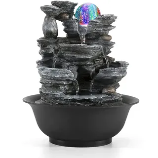Dyna-Living Zimmerbrunnen Tischbrunnen mit Rollender Kugel | Brunnen Polyresin Springbrunnen LED-Beleuchtung Mehrfarbig, Tischplatte Wasserbrunnen Steingarten
