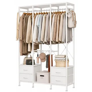 Mintnook Kleiderständer mit 4 Schubladen, offener Kleiderschrank mit 3 Kleiderstangen, Ablage und 4 Haken, Stabiler Garderobenständer aus Metall für Schlafzimmer, 110 × 35 × 175 cm,Weiß