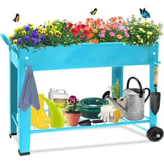 Hochbeet Balkon, Hochbeet mit Rädern und Ablage, Pflanzkasten & Blumenkasten, Pflanzbeet Kräuterbeet Blumenbeet, 101 x 28 x 80 cm, Frühbeet und Gewächshaus für Balkon Garten Terrasse, Blau