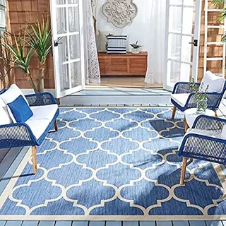 SAFAVIEH Geometrisch Teppich für Wohnzimmer, Esszimmer, Schlafzimmer - Wasserdicht - Courtyard Collection, Kurzer Flor, Blau und Beige, 201 X 290 cm